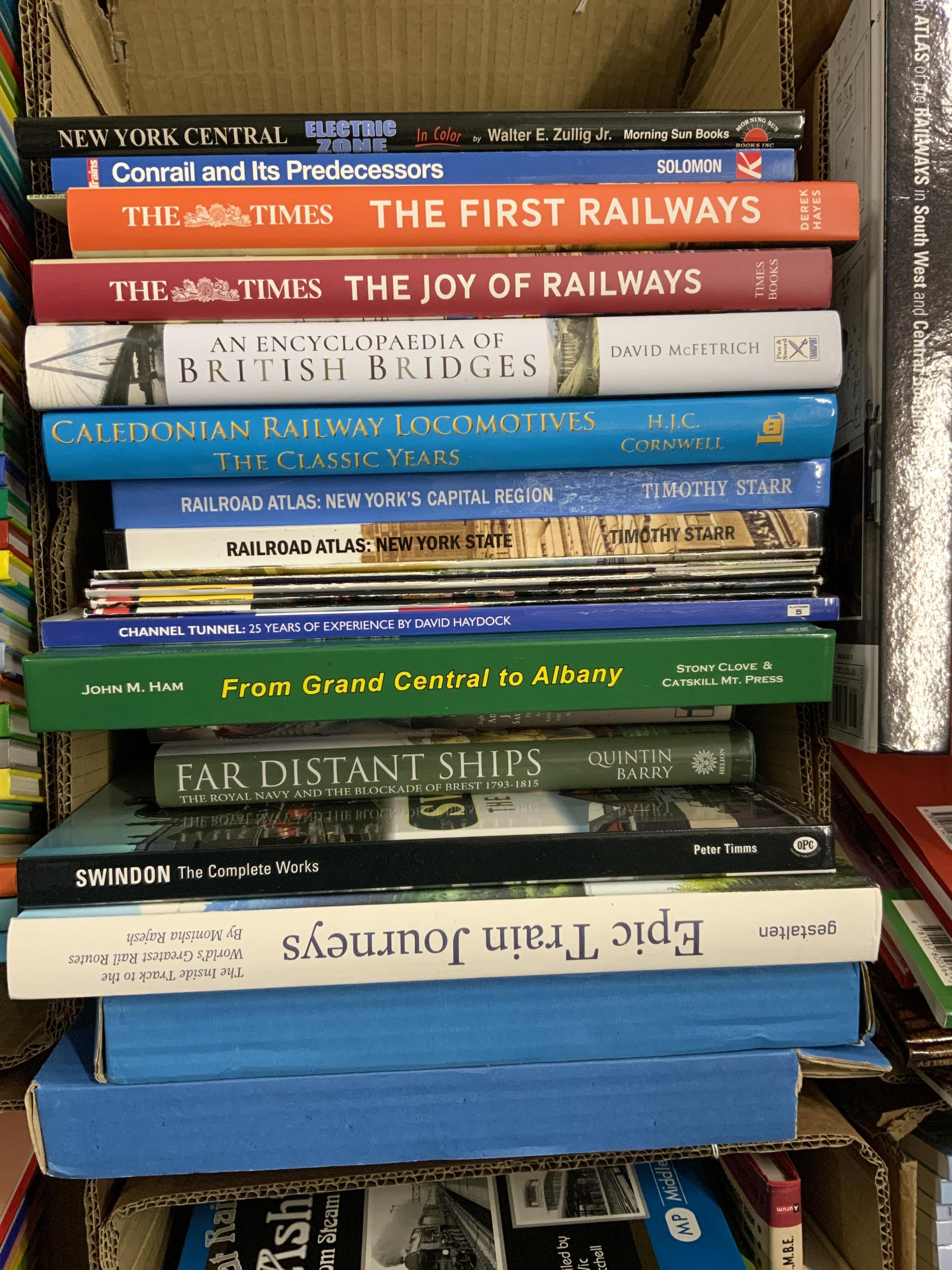Eight boxes of railway related books, subjects include; locomotives of Australia, British railway journeys, preserved and miniature railways, Southern Railway, branch line railways, Great Western Railway locomotives, etc